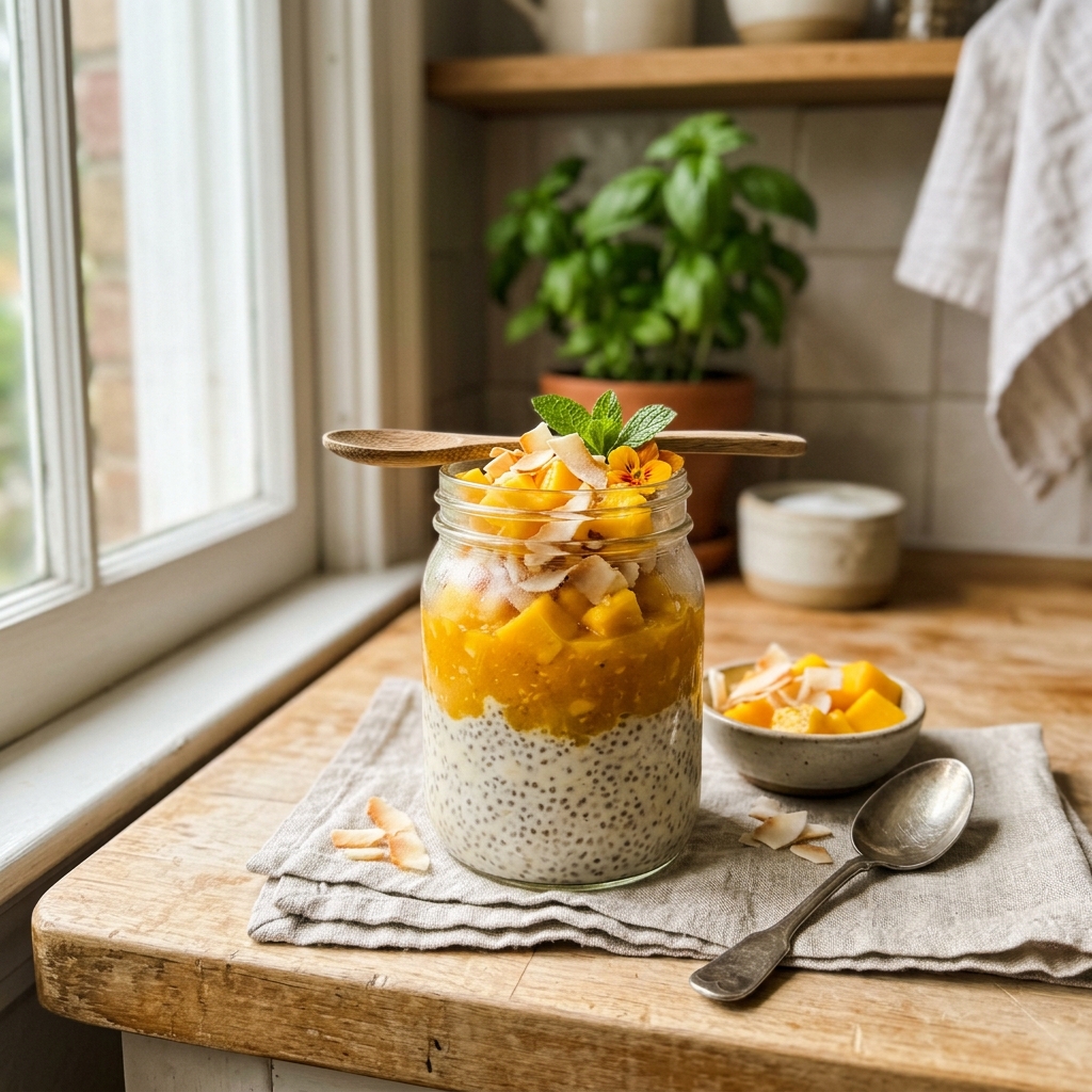 Tropical mango, coconut and chia pudding