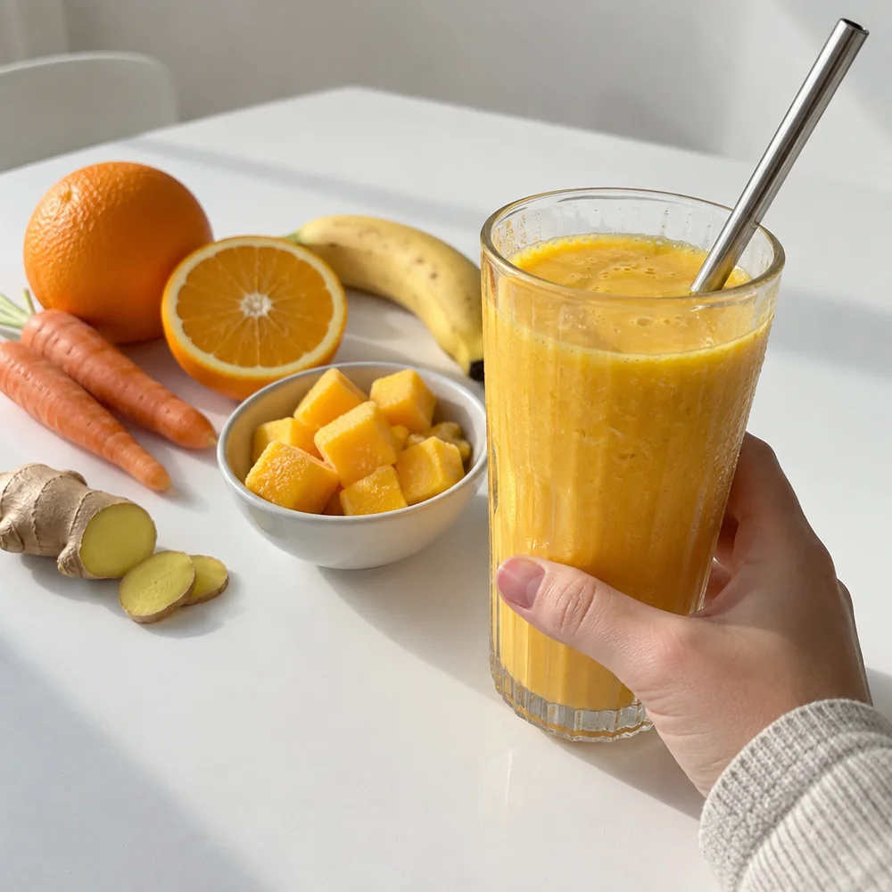 Gluten-free mango and turmeric smoothie with orange