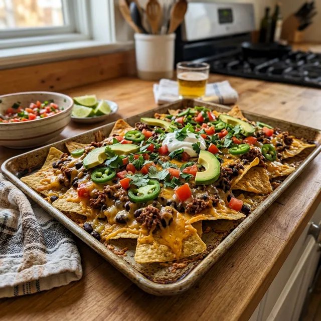 Oven-baked nachos with beef mince and cheese