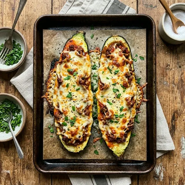 Cheese-topped courgette boats with beef mince