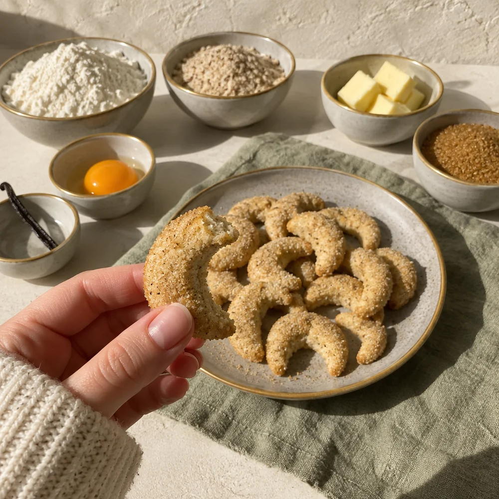 Vanillekipferl (vanilla crescent cookies) with almonds and coconut sugar