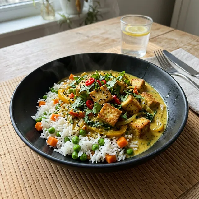 Vegan Asian coconut tofu with vegetable rice