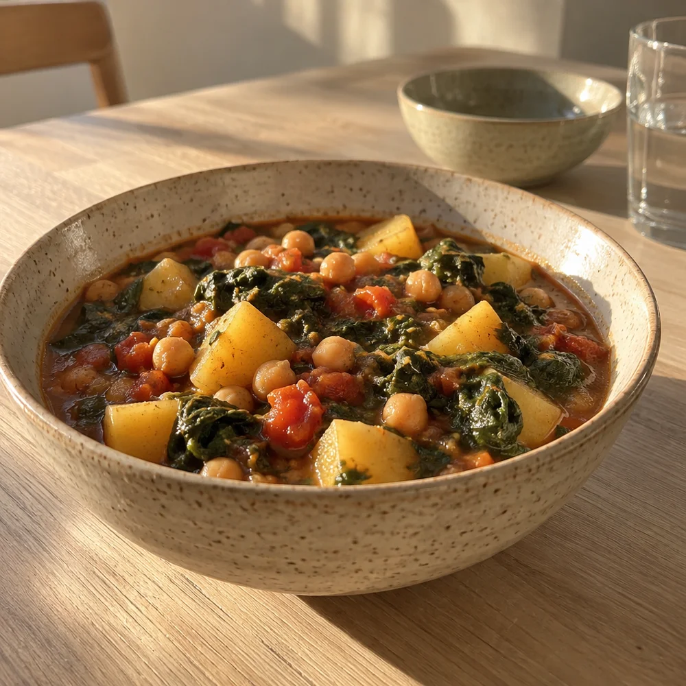 Vegan chickpea and spinach stew with potatoes