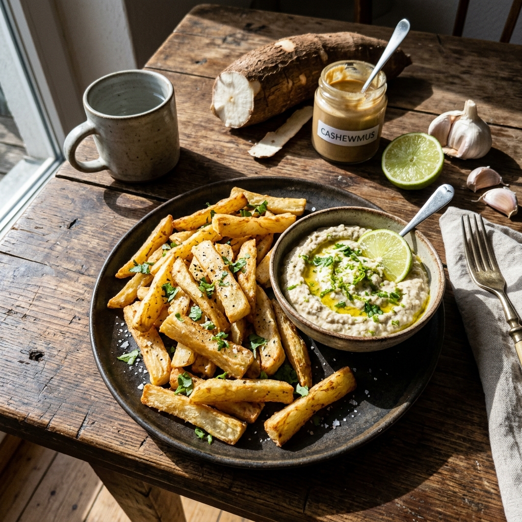Vegan crispy cassava chips with creamy cashew and lime dip