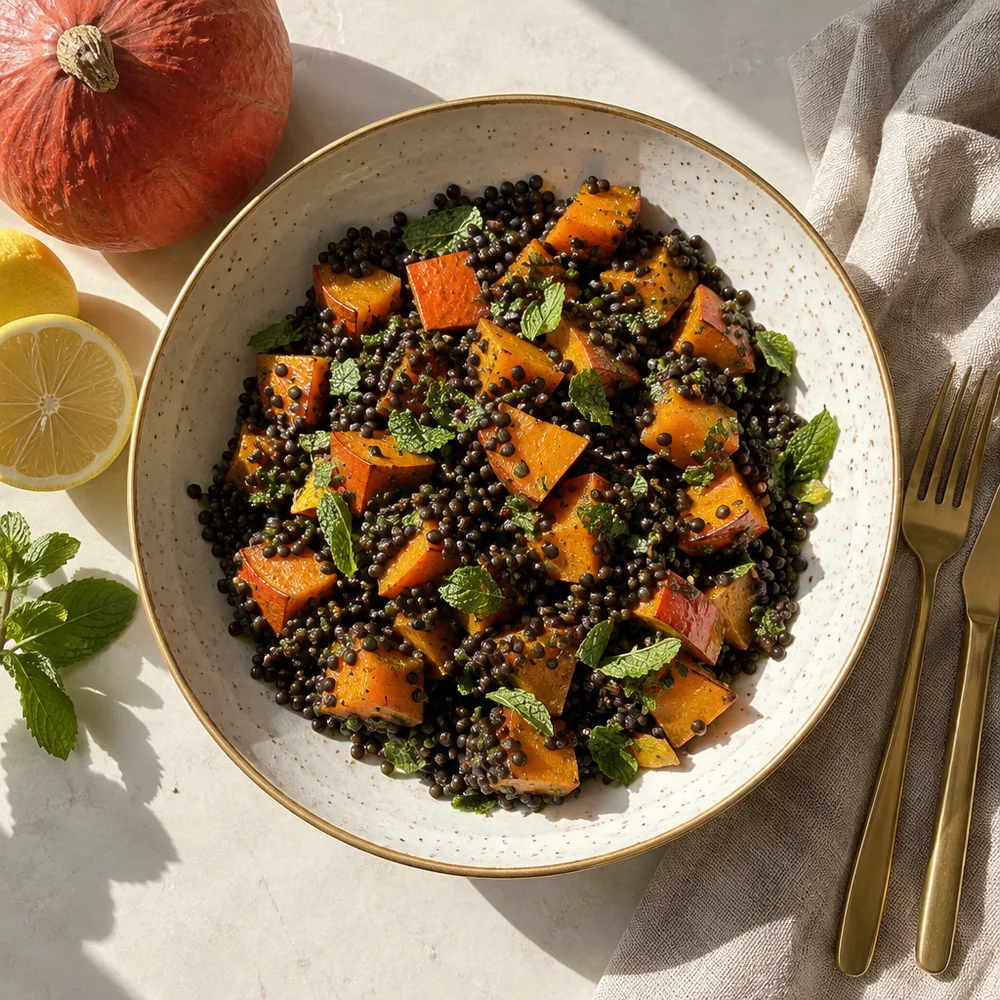 Vegan lentil salad with squash and mint