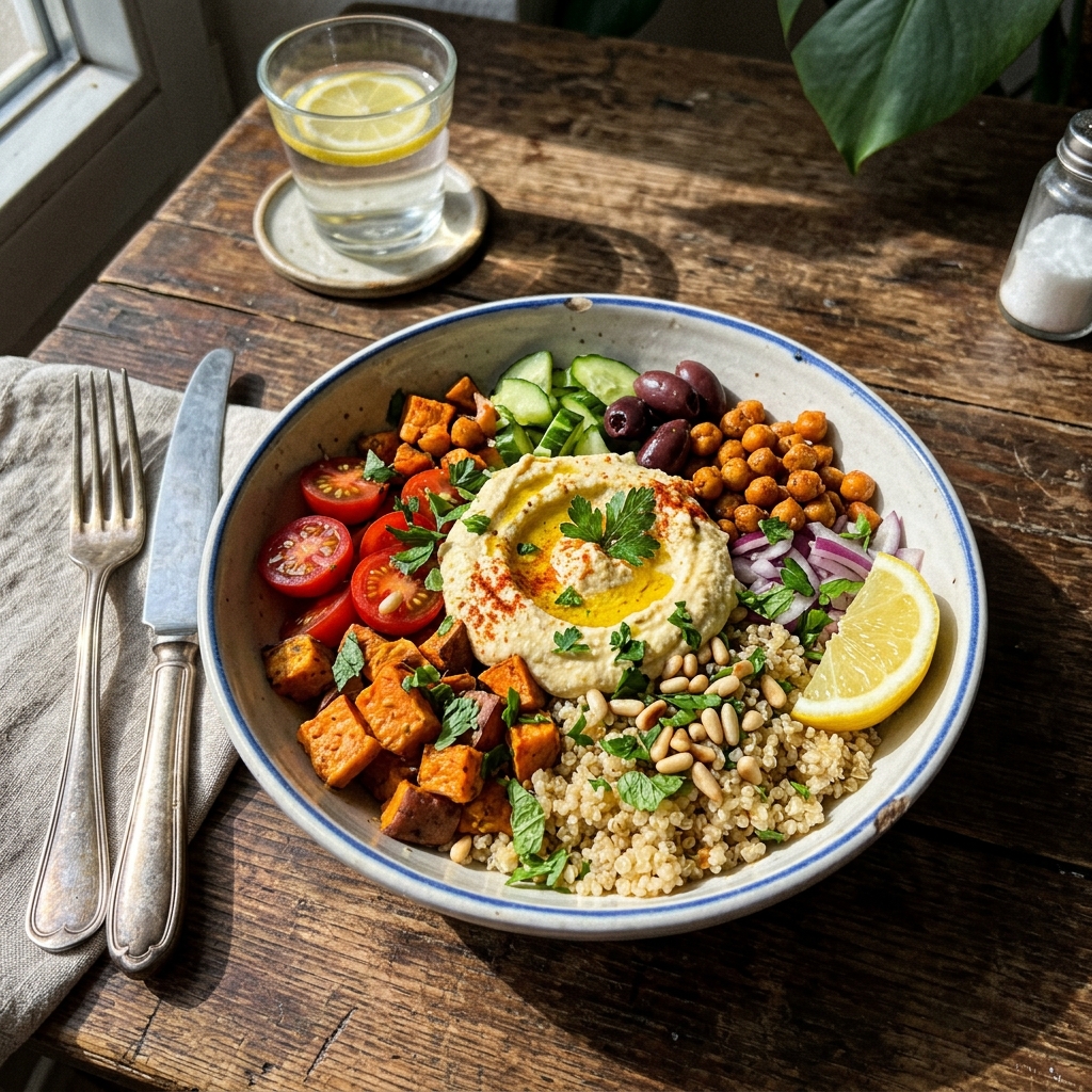 Vegan Mediterranean quinoa bowl with lemon hummus