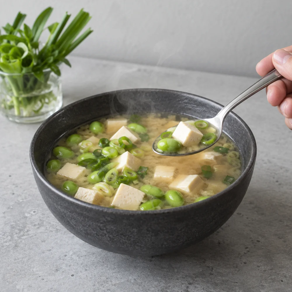 Vegan miso soup with tofu and edamame