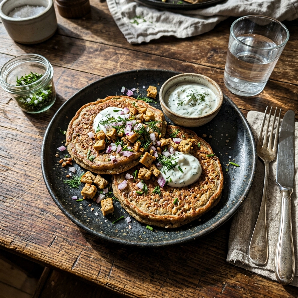 Vegan Nordic buckwheat pancakes with smoked tofu