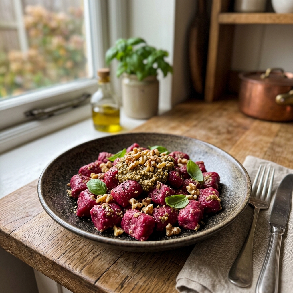 Vegan beetroot gnocchi with walnut pesto
