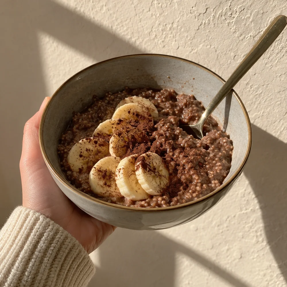 Vegan chocolate banana porridge with amaranth