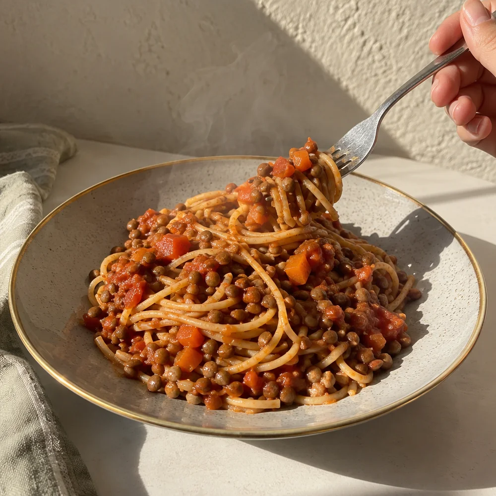 Vegan wholewheat spaghetti with lentil bolognese