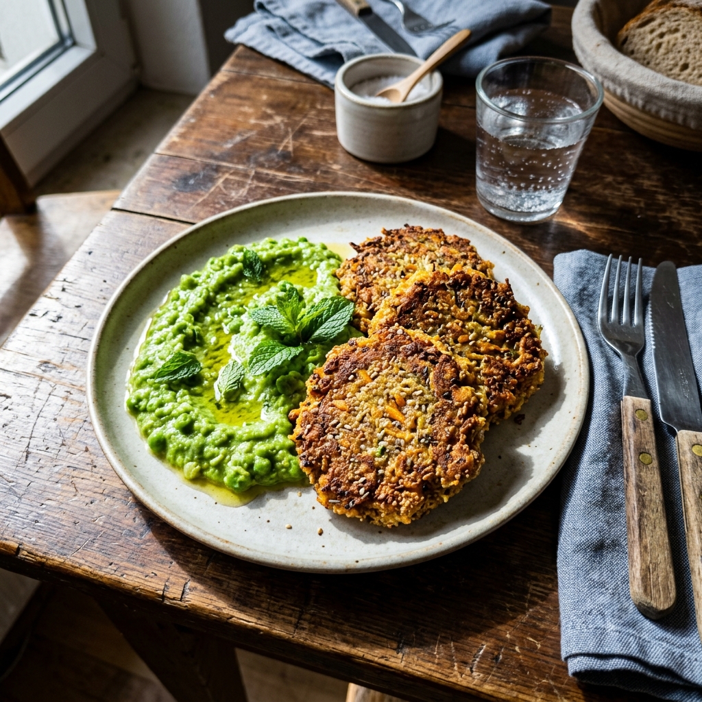Vegane Amaranth-Puffer mit Erbsen-Minz-Püree