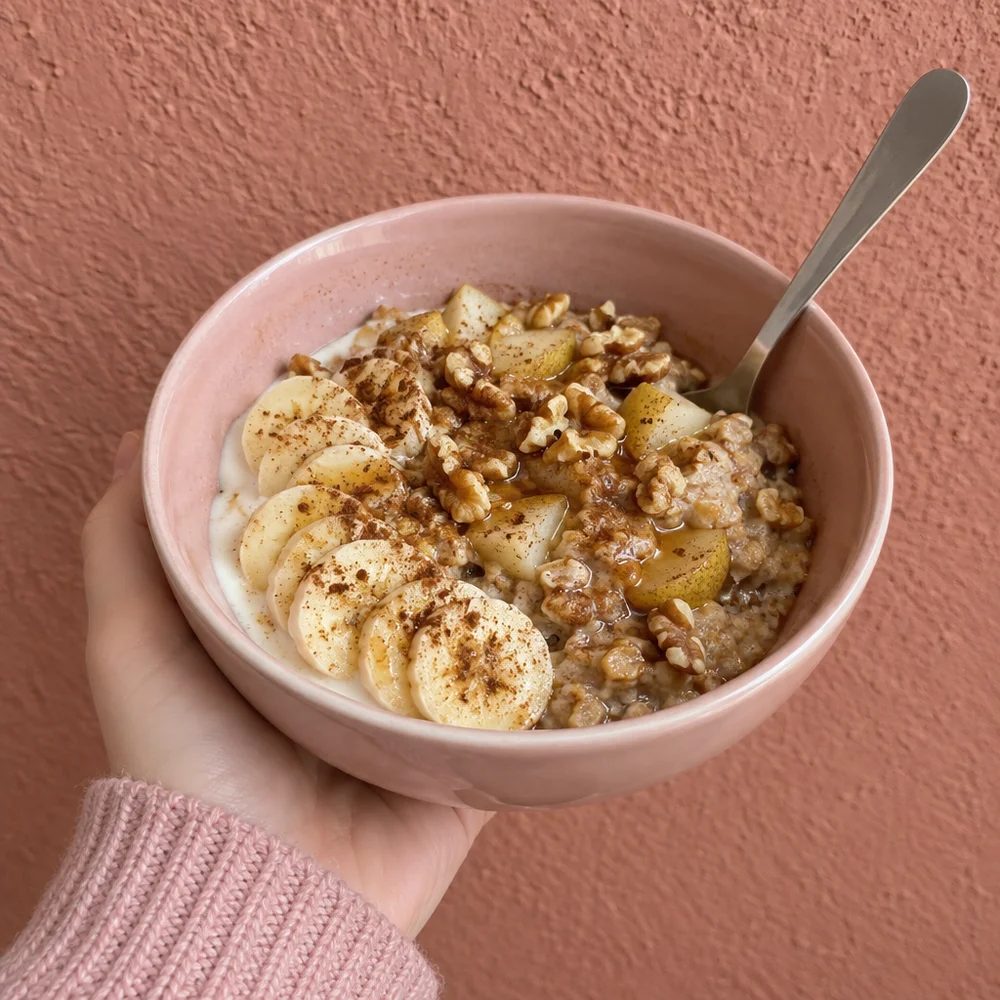 Vegan pear baked oats with walnuts and cinnamon