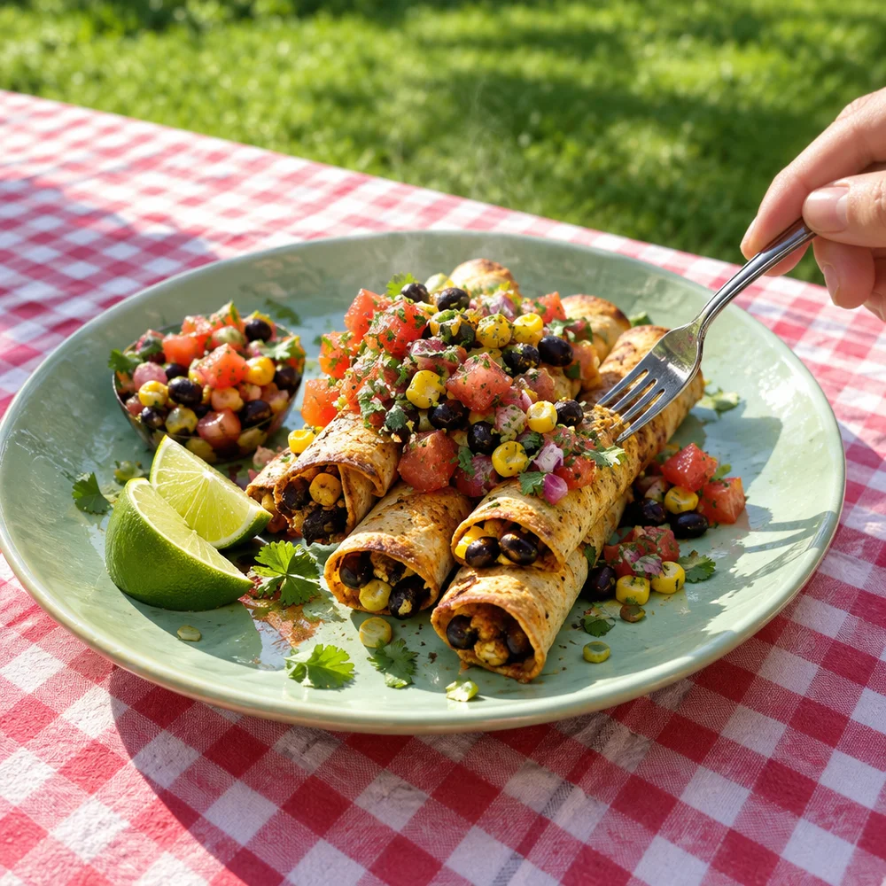 Vegan air fryer bean taquitos with lime salsa