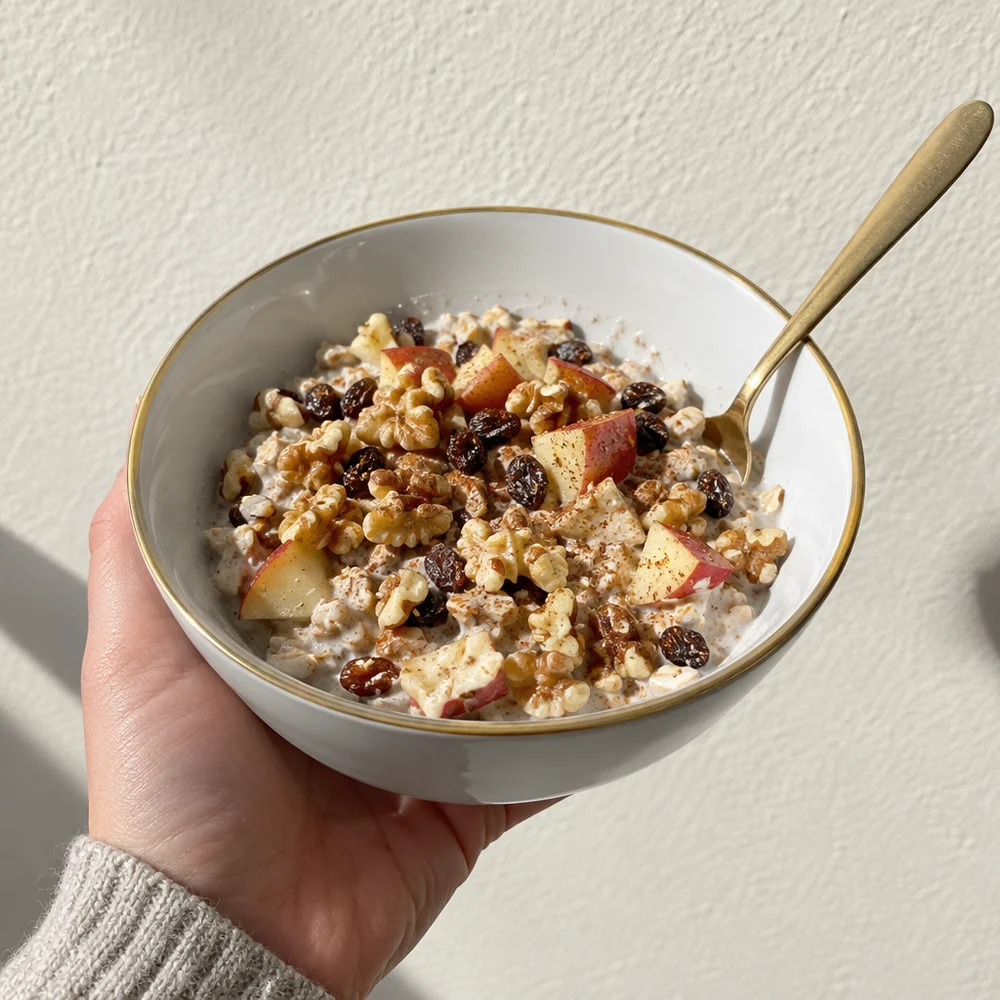 Vegan baked apple overnight oats with walnuts and raisins