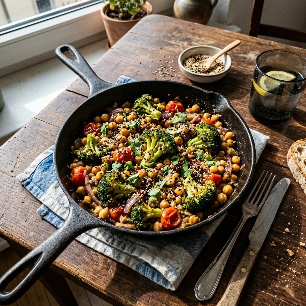 Vegan broccoli and chickpea stir-fry with sesame