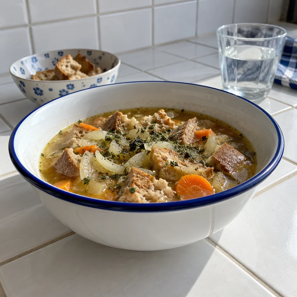 Vegan bread soup from stale bread with onions and marjoram