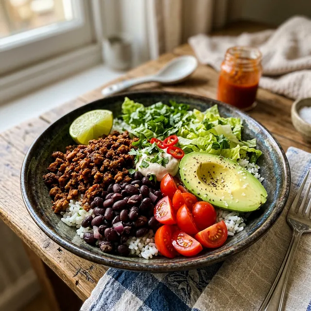 Vegan burrito bowl with soya mince