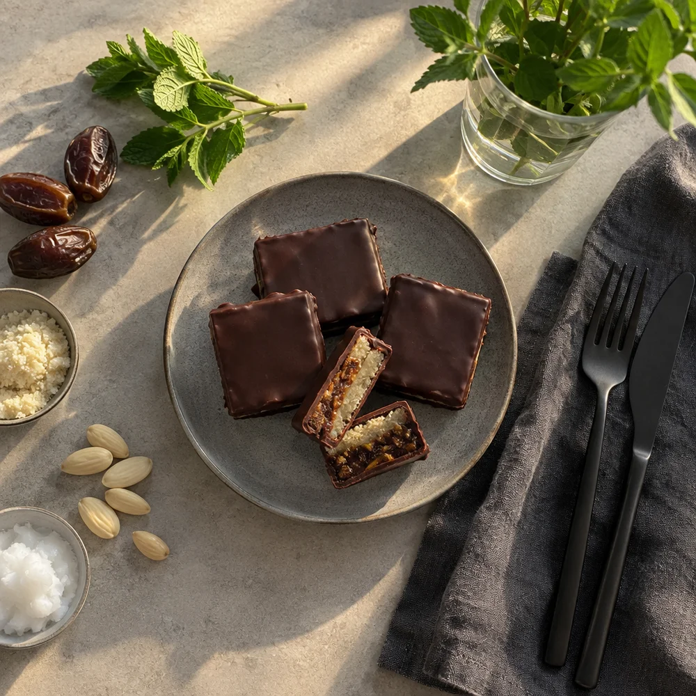 Vegan Dominosteine (layered gingerbread cubes) with date filling and almond marzipan