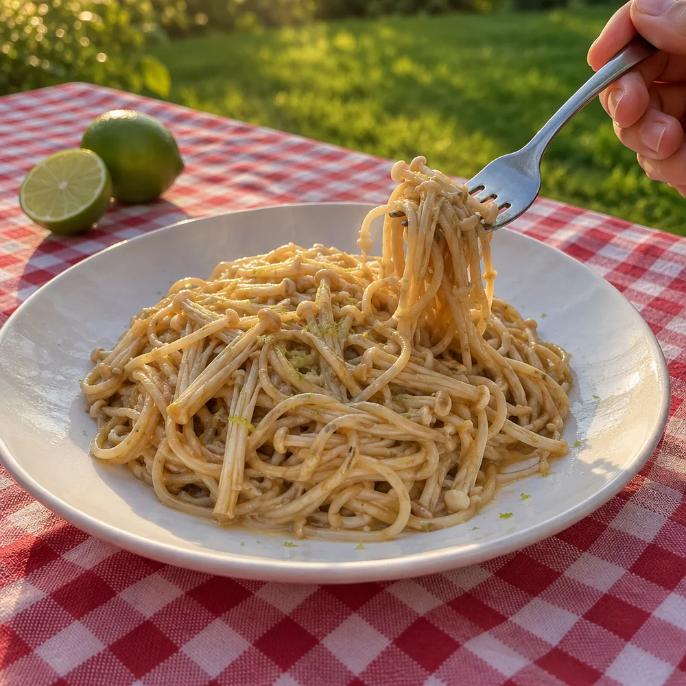 Vegan enoki sesame noodles