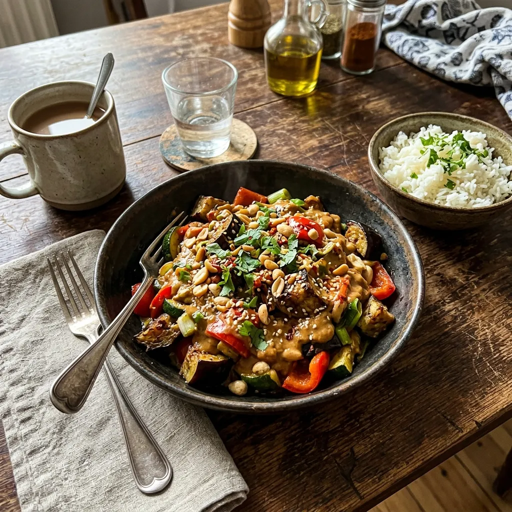 Vegan peanut & aubergine stir-fry