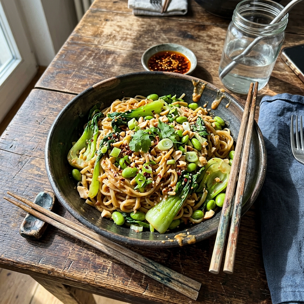 Vegan peanut noodles with pak choi