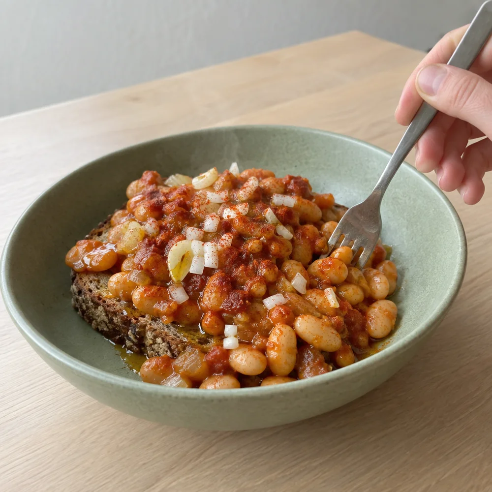 Vegan breakfast beans with smoked paprika on rye bread