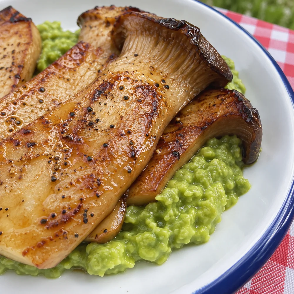 Vegan pan-fried king oyster mushroom steaks with edamame purée