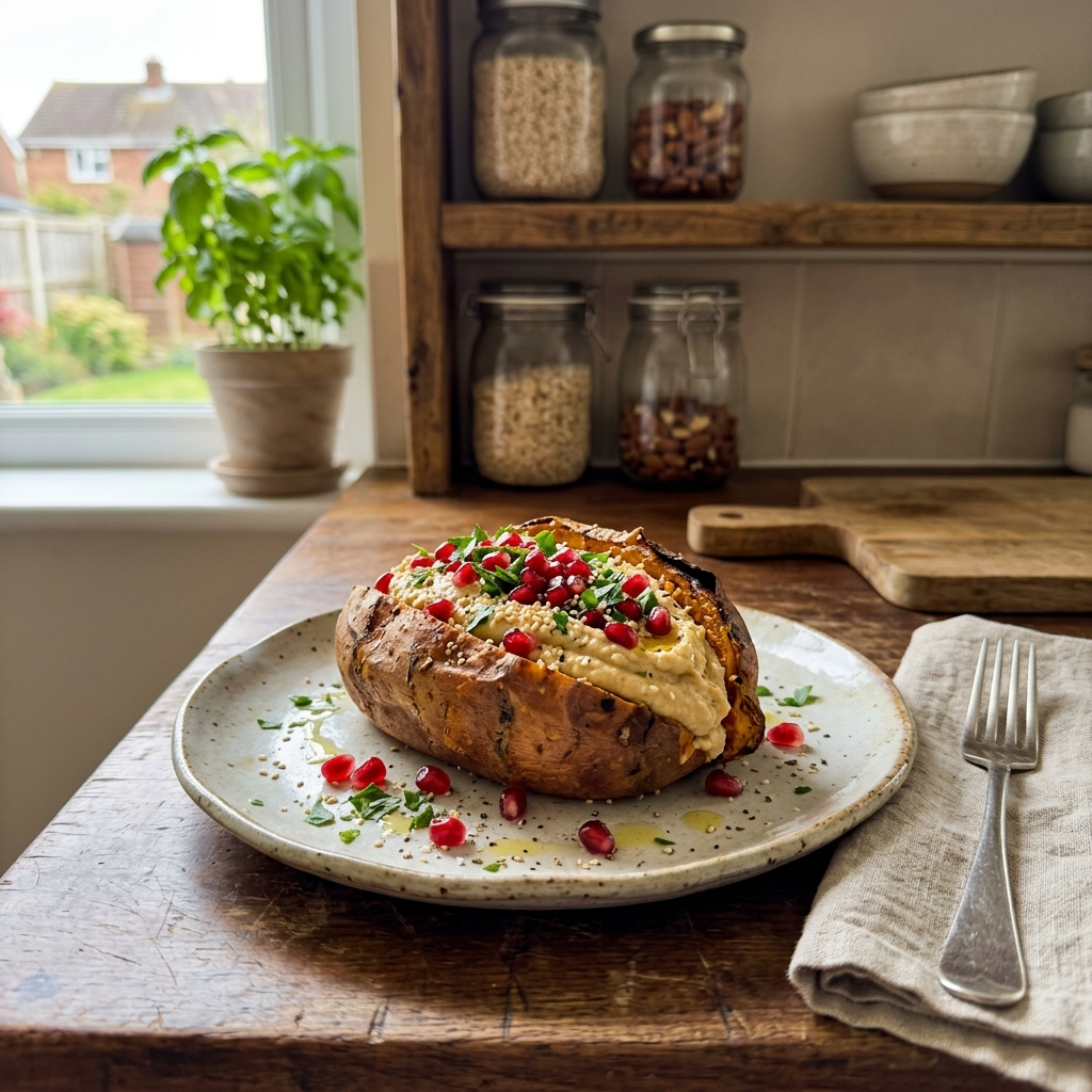 Vegan stuffed sweet potatoes with hummus and pomegranate