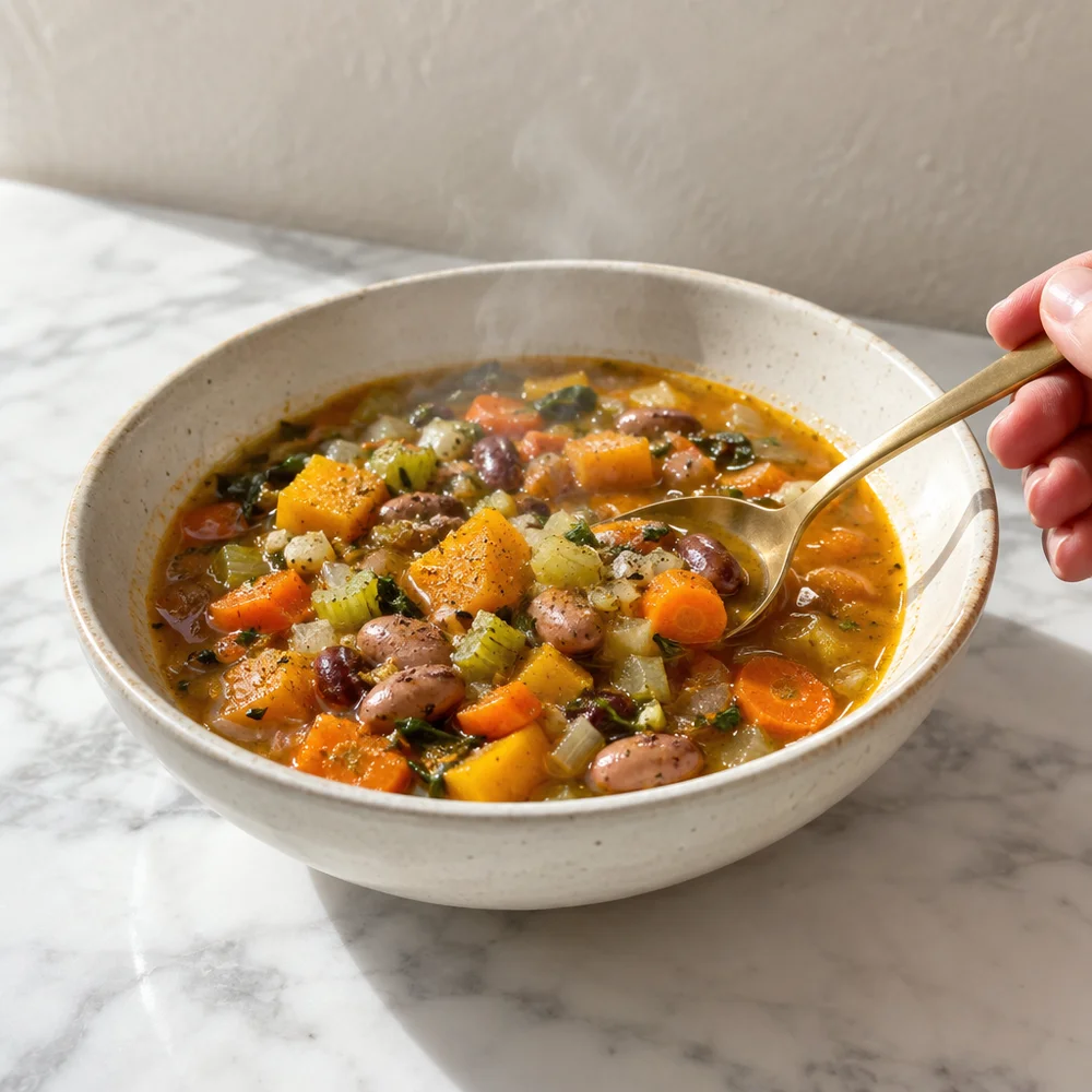 Vegan autumn minestrone with squash and borlotti beans