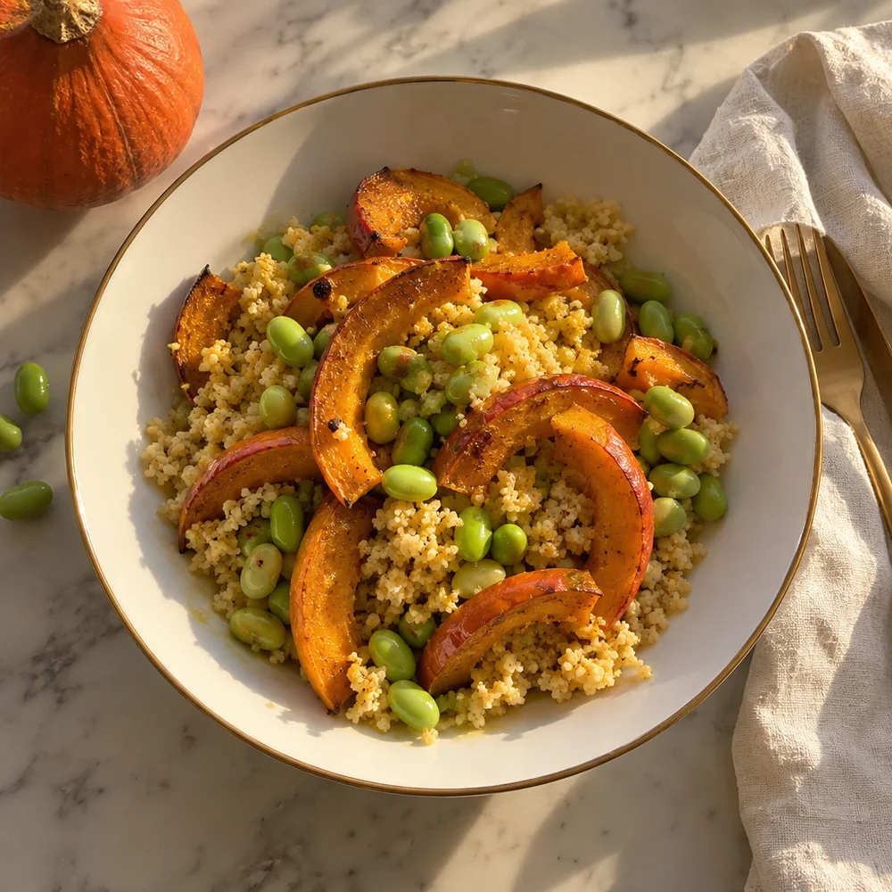 Vegan millet bowl with roasted squash and tahini