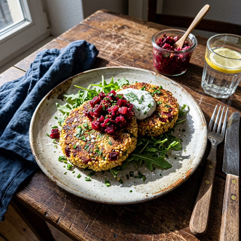 Vegan millet patties with beetroot relish