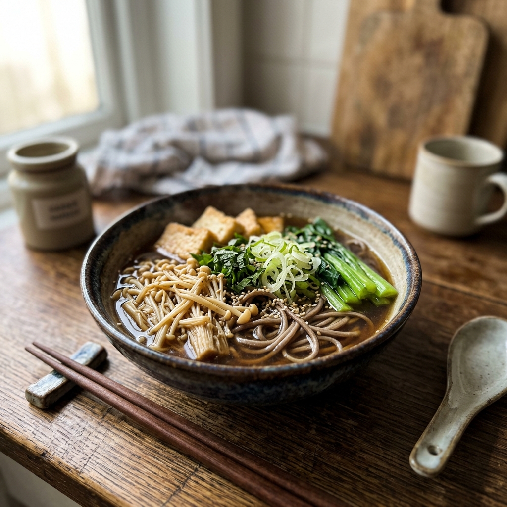 Vegane Japanische Soba-Nudel-Bowl mit Enoki-Pilzen