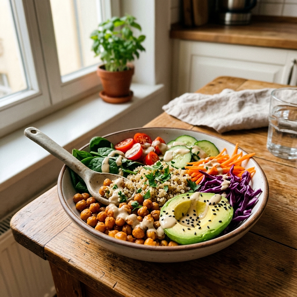 Vegan chickpea bowl with creamy tahini dressing