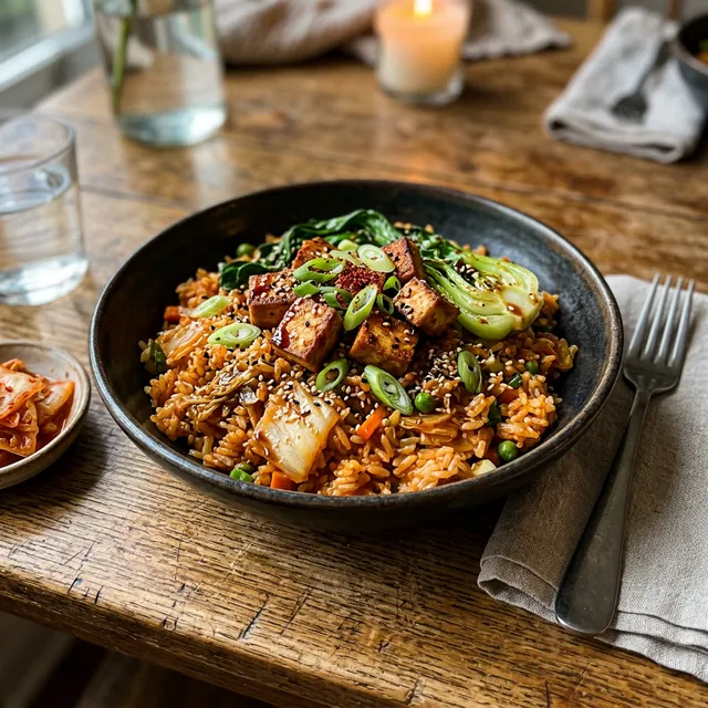 Vegan kimchi fried rice with tofu and pak choi