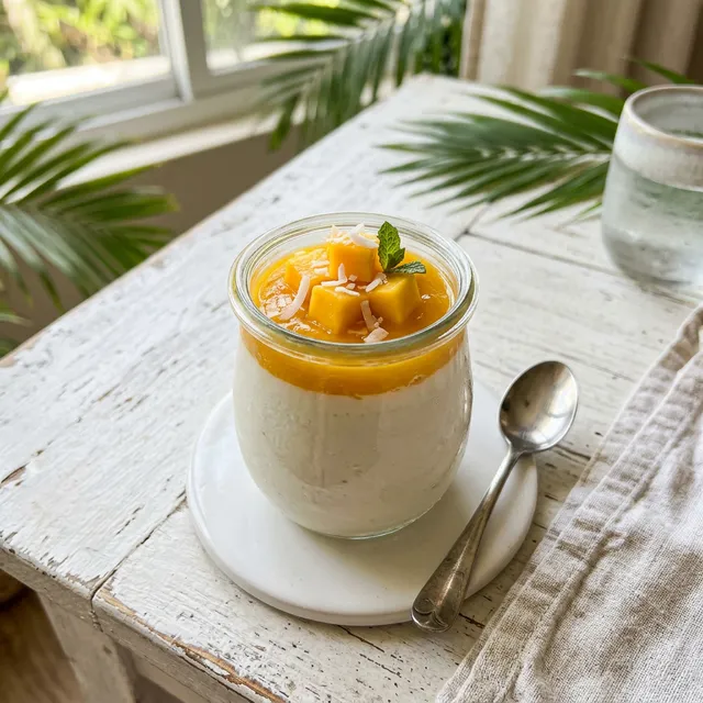 Vegan coconut panna cotta with mango