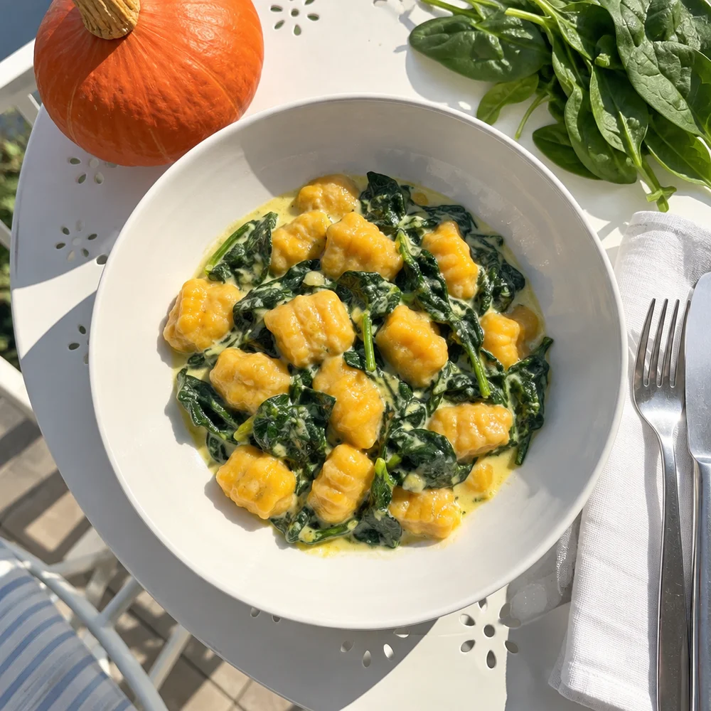 Vegan squash gnocchi with spinach