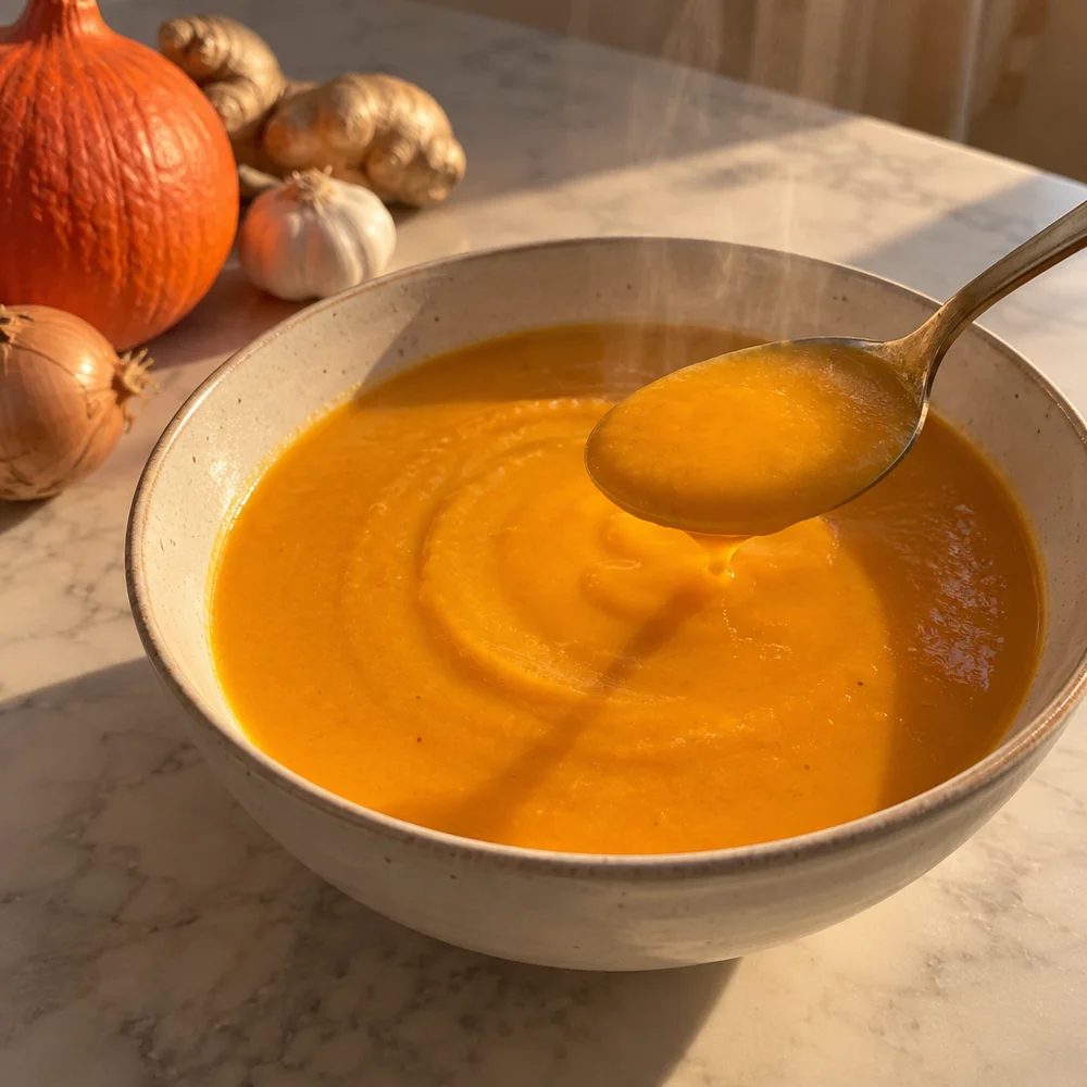 Vegan pumpkin and ginger soup with coconut milk