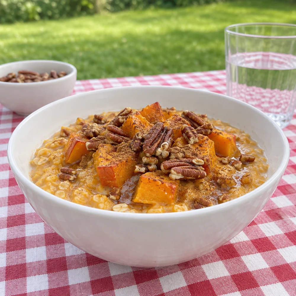 Vegan pumpkin overnight oats with cinnamon and pecans