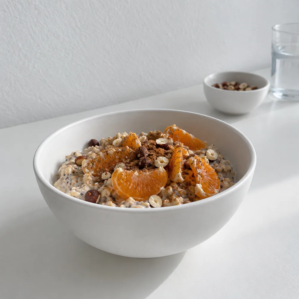 Vegan gingerbread overnight oats with mandarins and hazelnuts