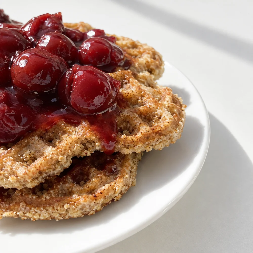 Vegan Lebkuchen waffles with warm sour cherries