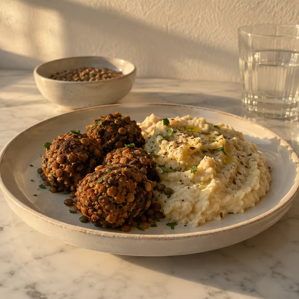 Vegan air fryer lentil balls with celeriac purée