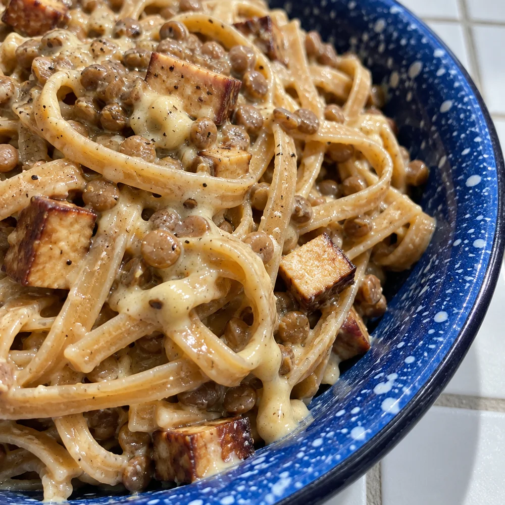 Vegan lentil carbonara with smoked tofu