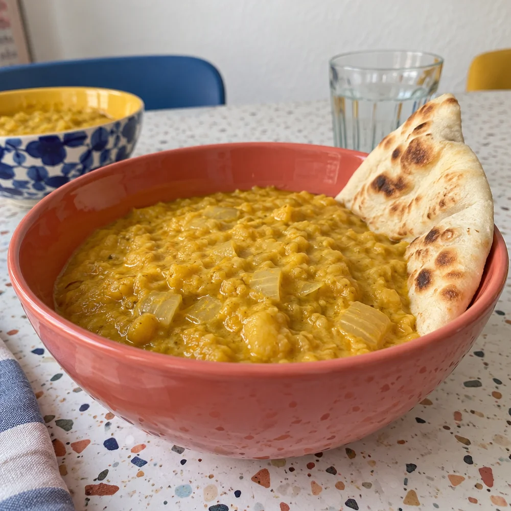 Vegan lentil dhal with coconut milk and naan
