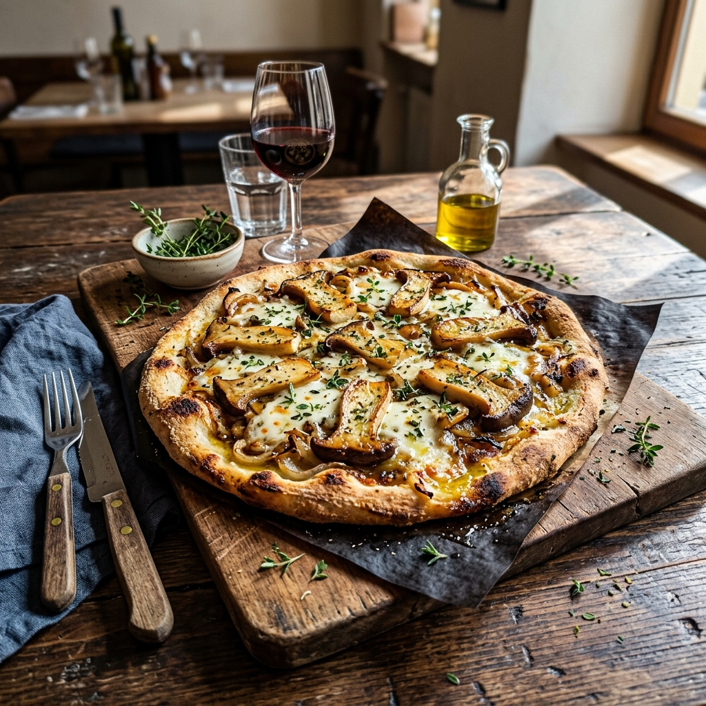 Vegan cassava pizza with king oyster mushrooms and thyme
