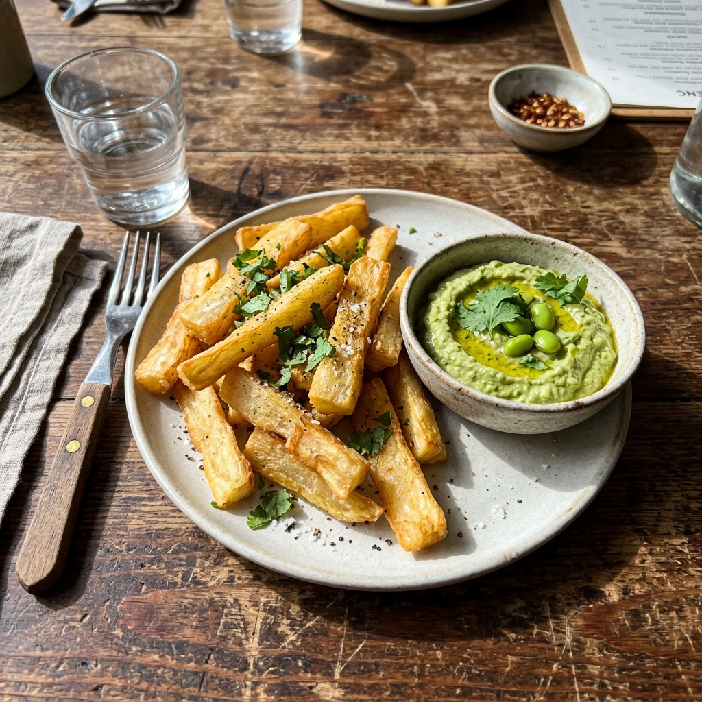 Vegane Maniok-Pommes mit Edamame-Dip