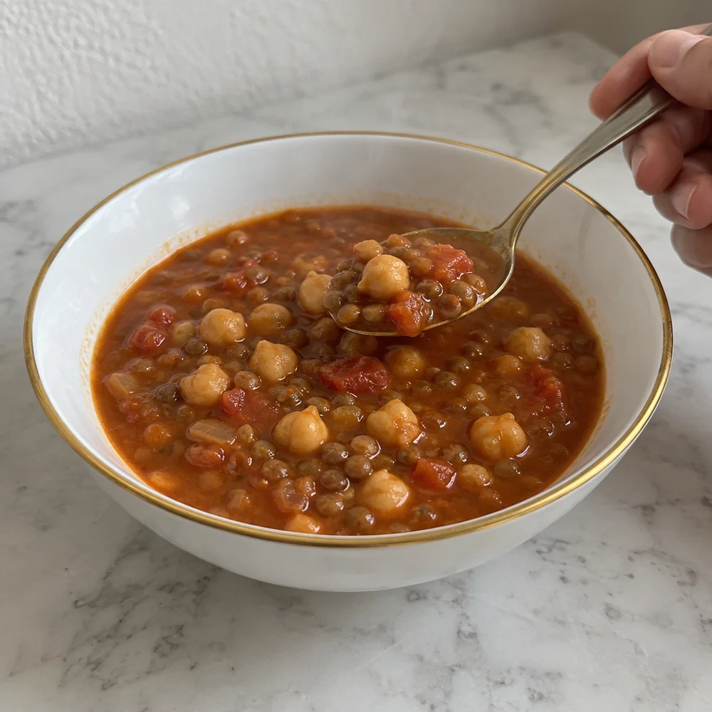 Vegan Moroccan harira soup with lentils and chickpeas