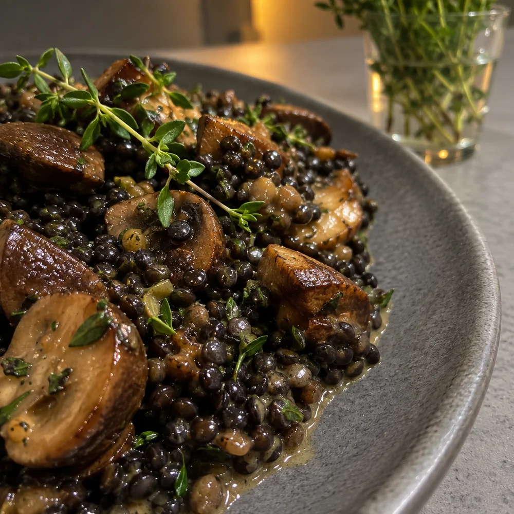 Vegan chestnut and mushroom pan-fry with beluga lentils and thyme