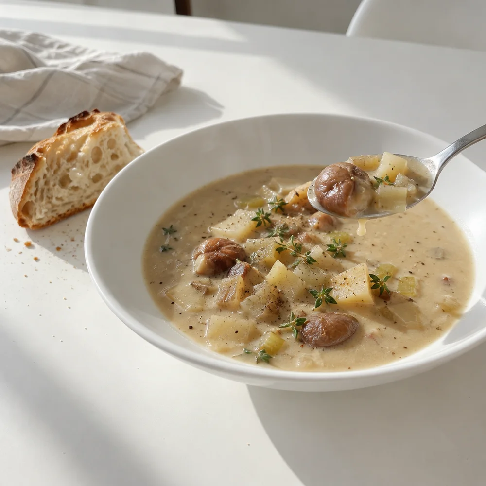 Vegan chestnut soup with apple and thyme