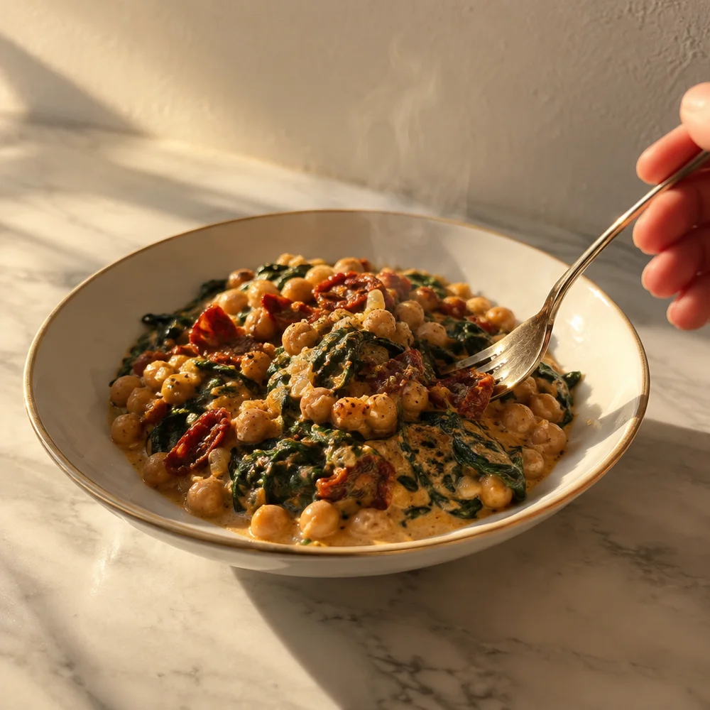 Vegan marry me chickpeas with spinach and sun-dried tomatoes